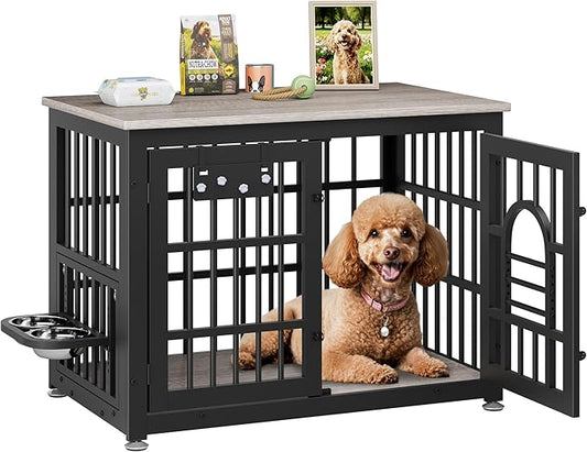 Lulive Dog Crate Furniture 37.8" Wooden Dog Kennel Table with Bowls Heavy Duty Dog Crates for Small/Medium/Large Dogs, Dog Kennel Furniture Indoor as TV Stand End Table,Grey