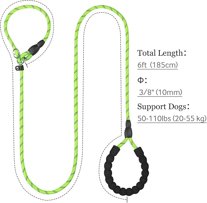 TagME Slip Leads for Dogs that Pull, 6 FT No-Pull Training Leash with Lock, Escape-Proof Design, Reflective & Padded Handle for Medium Dogs, Green