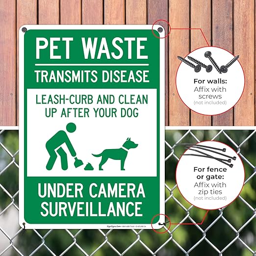 Pet Waste Leash-Curb and Clean Up After Your Dog Under Camera Surveillance Sign, (SI-63188) 10x14 Inches, 55 mil Thick HDPS (high Density polystyrene), Made in USA