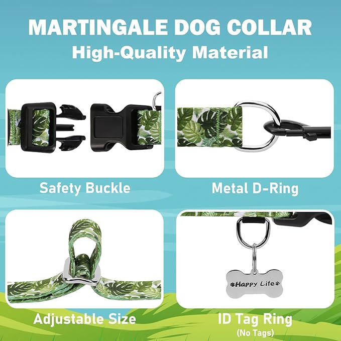 Dog Collar Martingale with Buckle Adjustable Nylon Tropical No Pull Anti Escape Training Dog Collars (Palm Leaf, Small)