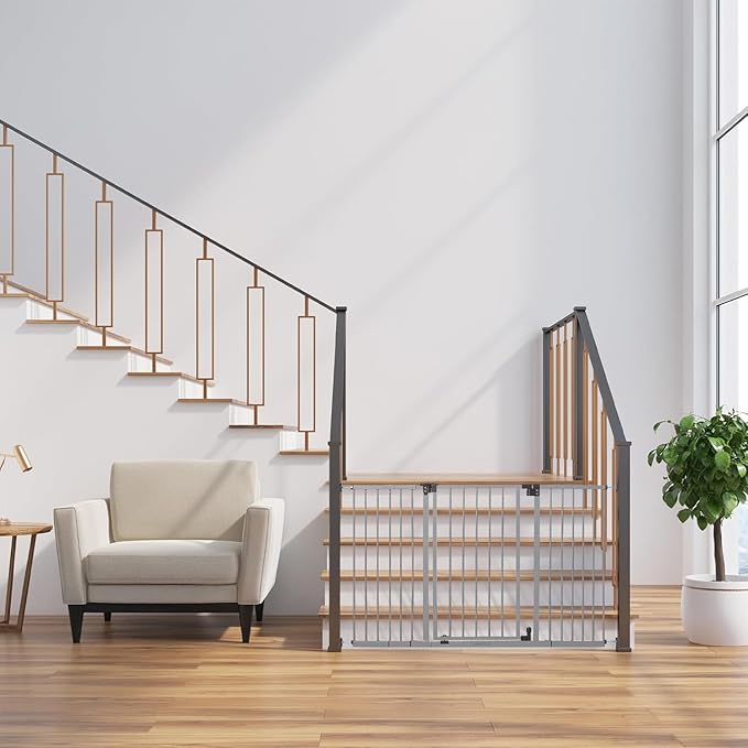 Ingenuity Summer Infant Central Station Stairway Wall, Banister, or Doorway Simple to Secure Safety Pet and Baby Gate with 3 Extension Frames, Gray