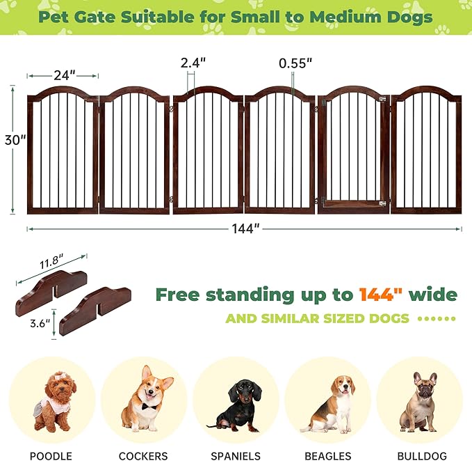 PrimeZone 144" Extra Wide Dog Gate - 6-Panel 30" Tall Solid Acacia Wooden Freestanding Puppy Gates with Door, Foldable Indoor Pet Fence for Doorways, Stairs, Support Feet Included, Brown