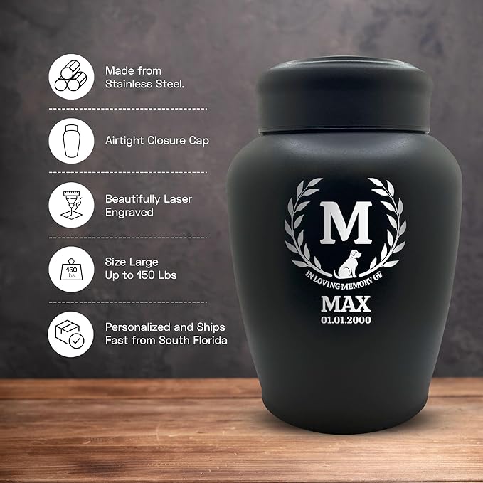 Personalized Custom Dog Urn Engraved Dog Name and Date - Stainless Steel Large Cremation urns for Dogs Ashes with Airtight Closure | up to 150 lbs Capacity | Leaves Border