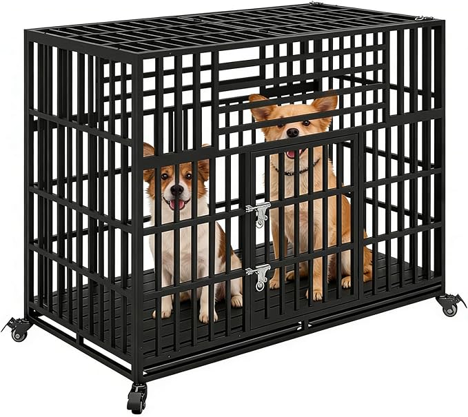 56 inch Indestructible Heavy Duty Dog Crate, Escape-Proof Indoor Impact Dog Cage for Large Giant Dogs, High Anxiety Pet Kennel with 2 Trays, 4 Wheels, 4 Locks and Double Door, XL XXL
