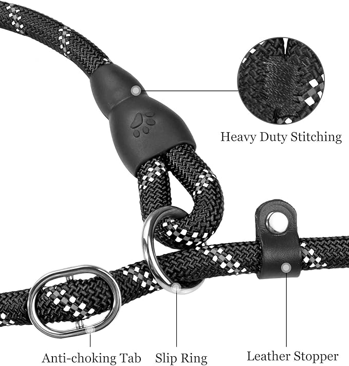 TagME Slip Leads for Dogs that Pull, 6 FT No-Pull Training Leash with Lock, Escape-Proof Design, Reflective & Padded Handle for Small Dogs, Black