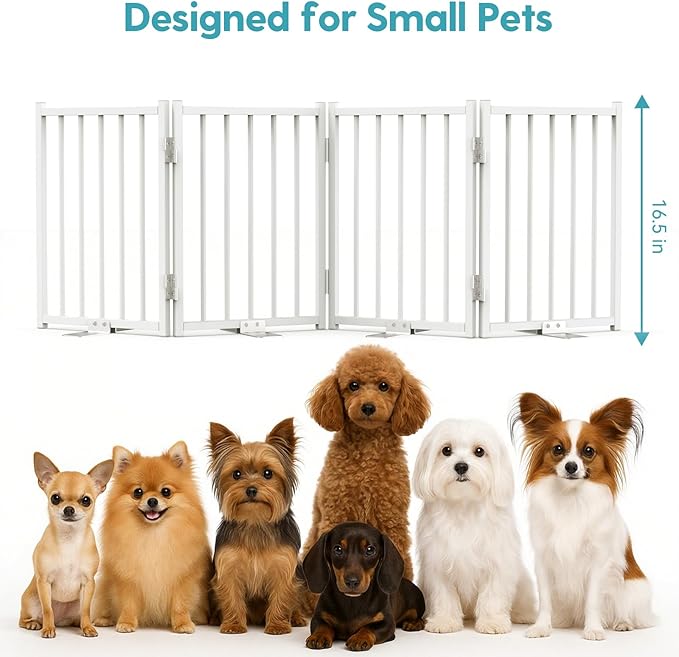 No Pawblems Free Standing Short Dog Gate, 16.5'' Tall Foldable Dog Fence for Indoor & Outdoor, Up to 48 Inch Extra Wide Puppy Gate for Stairs, Hallways, Doorways, Deck, Yard (White, 4 Panels)