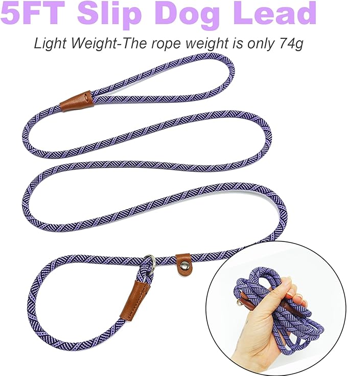 Slip Lead Dog Leash, 1/4" x 5ft No Pull Slip on Training Leash for Small and Medium Dogs (Purple)