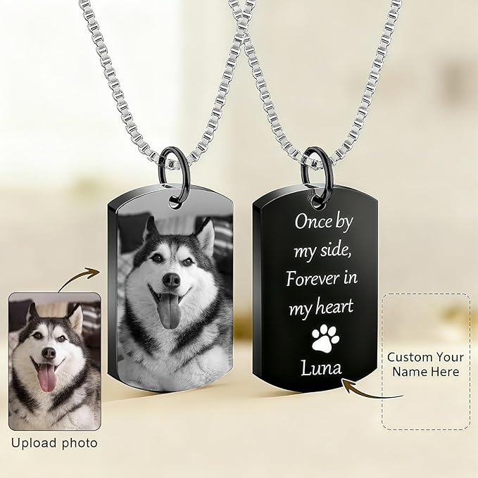 QYH Personalized Pet Urn Cremation Necklace for Ashes – Custom Keepsake Necklace with Photo and Text, Memorial for Dog Loss (Black)