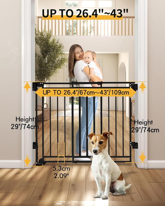 Baby Gate for Stairs, Doorways & Kitchen | 26-43" W, 29" H Extra Tall | No Bottom Bar | Hardware Mount (Drill Required) | Auto-Close & One-Handed | Walk-Thru Safety Gate for Dogs & Toddlers | Black
