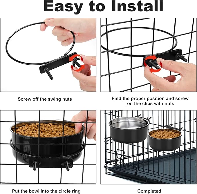 Crate Dog Bowls, Removable Stainless Steel Dog Bowl for Food and Water, Pet Kennel Hanging Food Water Feeder Station for Small/Medium/Large Pets, (7.1"x2.6" & 6.3"*2.4", Black)