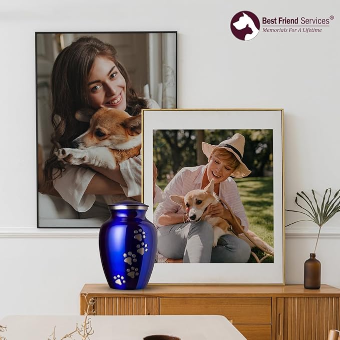 Ottillie Paws Legacy Series Pet Urn for Dogs and Cats, Handmade Aluminum Memorial Cremation Urn (Small - Pets up to 25 lbs, Pure Blue, Vertical Pewter Paws)