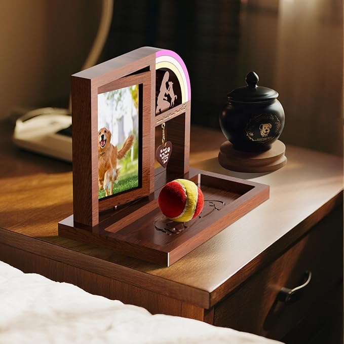 Pet Memorial Gifts for Dog Picture Frame with Rainbow Bridge, Wooden Rotating Picture Frame 4x6 Photo, Pet Loss of Dog Sympathy Gift for Cat Bereavement Remembrance Keepsake (11.2in)