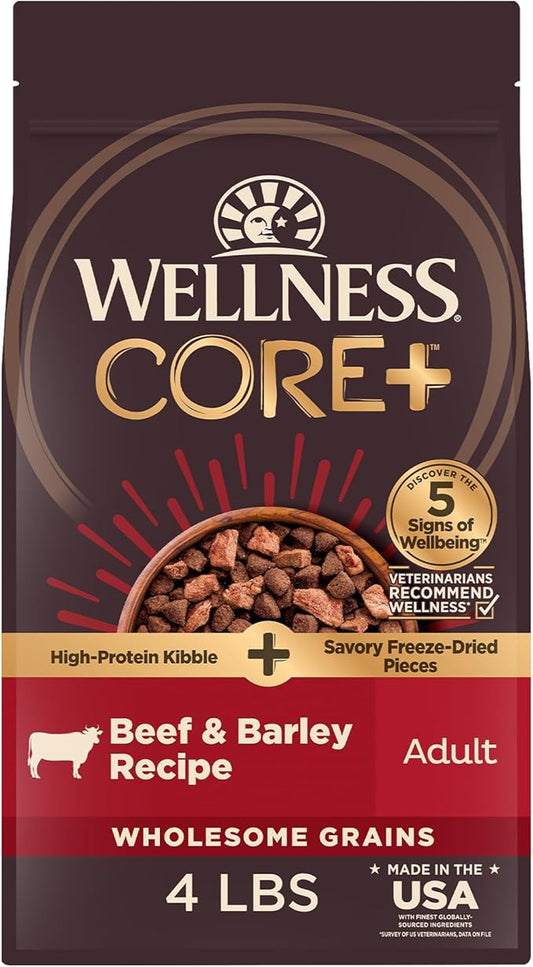 Wellness CORE+ Dry Dog Food with Freeze Dried Pieces, Wholesome Grains, High Protein, Natural, Beef & Barley Recipe, (4-Pound Bag)