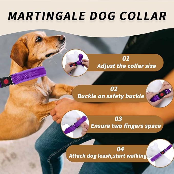Martingale No Pull Dog Collar for Large Medium Small Dogs, Heavy Duty Nylon Reflective Adjustable Anti Pull Slip Collar with Buckle for Training Walking S Purple