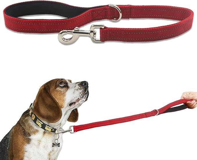 Nylon Short Leash 24 Inches Durable Dog Lead with Handle, Heavy Duty Dog Padded Handle and D-Ring for Control, Traffic Leash 2FT Long for Small to Large Sized Dogs Training Red
