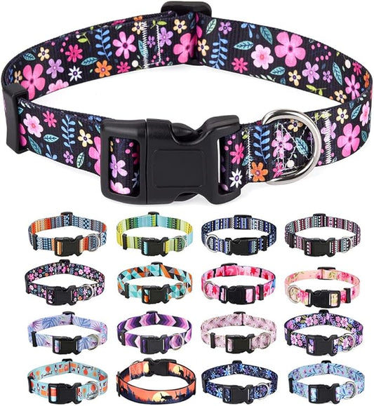 Dog Collar with Bohemia Floral Tribal Geometric Patterns - Soft Ethnic Style Collar Adjustable for Small Medium Large Dogs(Floral,L)