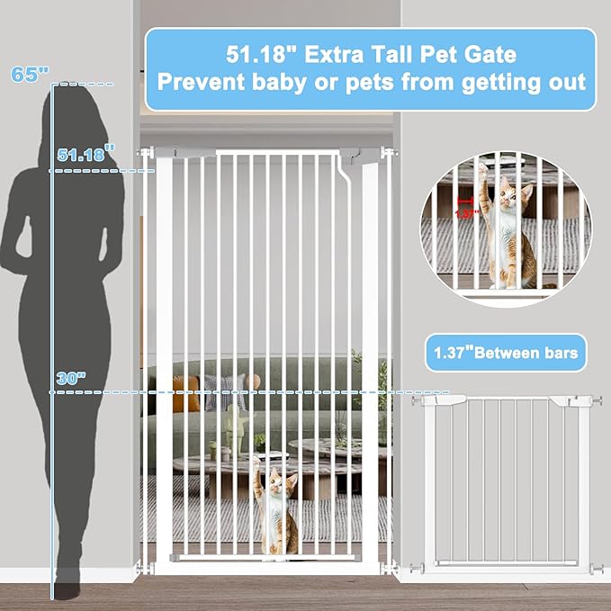 51.18" Extra Tall Pet Cat Gate for Doorway 29.5"- 40.5" Wide Auto Close Tall Dog Gate No Drilling Pressure Mounted for Hallway Kitchen,White