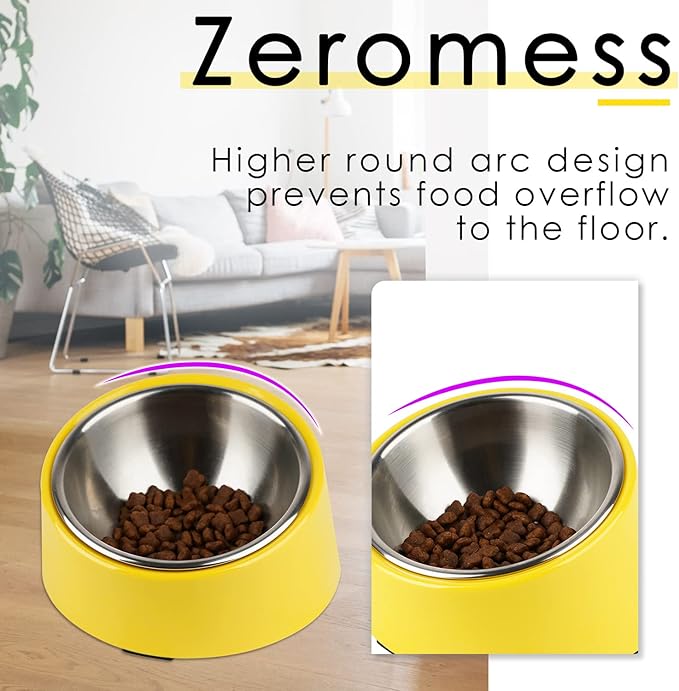 SuperDesign Mess Free 15° Slanted Bowl for Dogs and Cats, Tilted Angle Bulldog Bowl Dog Feeder, Non-Skid & Non-Spill, Easier to Reach Food S/0.5 Cup Bright Yellow