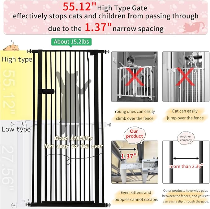 Lumizone Extra Tall Cat Gate 55.12" High Pressure Mounted Extra Wide 2025 New (17 Sizes) 1.37" Gap No Drilling Auto-Close One-Handed Operation Tall Pet Gate for Dogs(Black, 55.12" H x 34.25"-38.38" W)