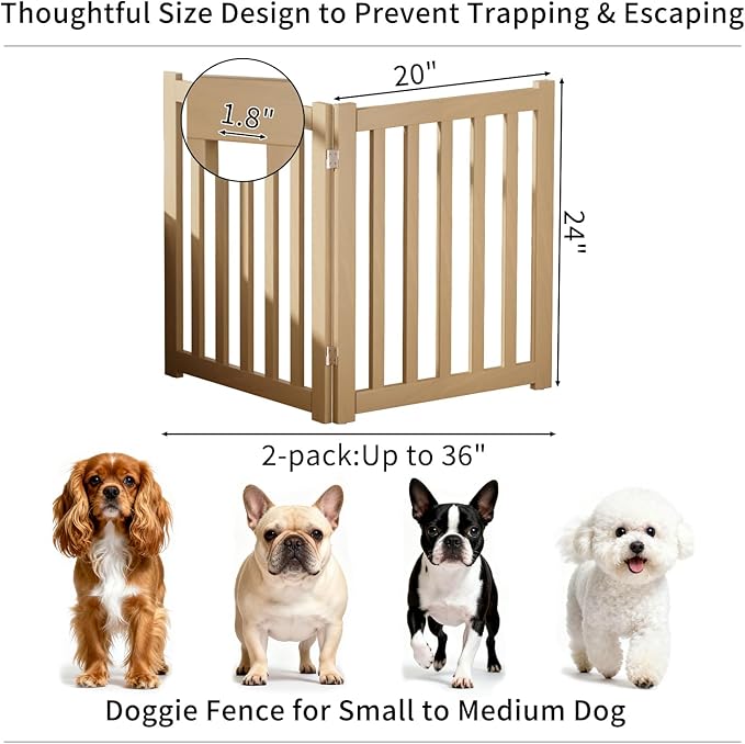 2-Panel Solid Wood Dog Gate - Freestanding Folding Pet Gate for Doorways, Stairs, Indoor, 24" Height, No Installation Needed, Natural Wood