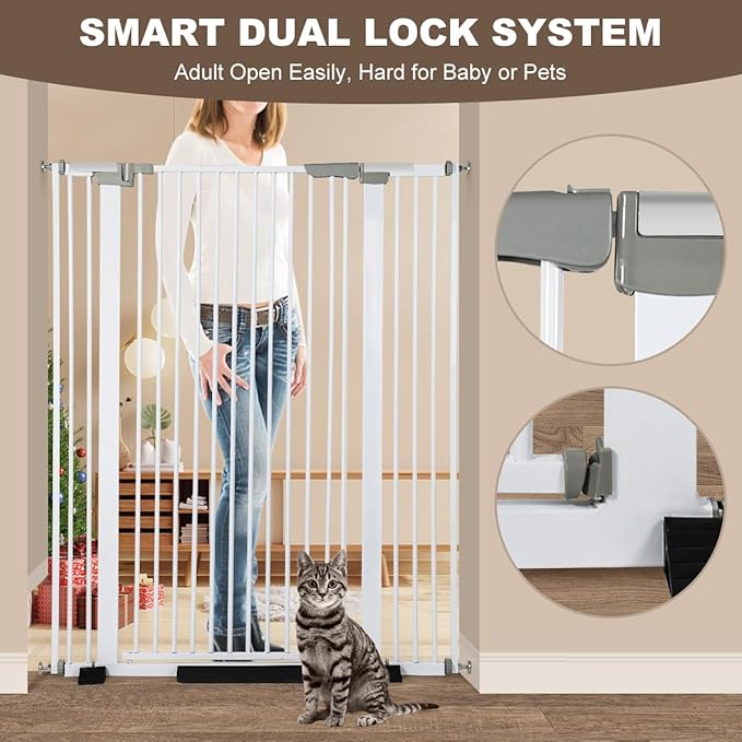 51.18" Extra Tall Cat Gate for Door Way Auto Close, 30"-40" Adjustable Width Pet Gate with 2.75" and 5.5" Extension Kits, No Drilling Pressure Mount Kit, White