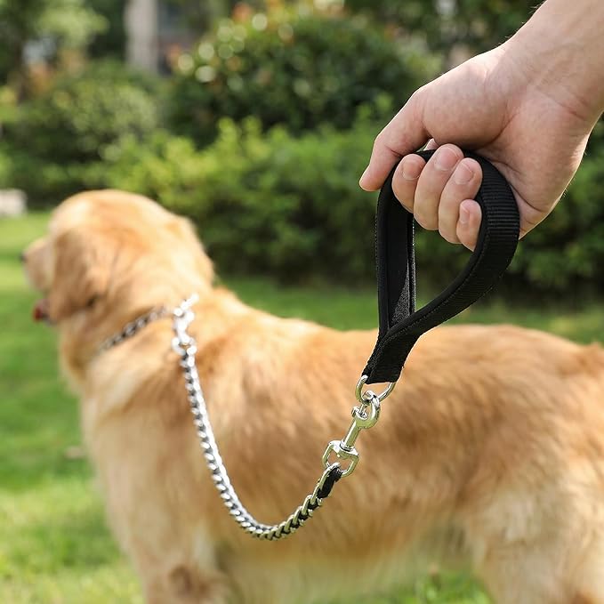 Chew Proof Metal Dog Leash with Built-in P-Chain Collar - 2FT/4FT for Small/Medium/Large Dogs (30-150lb), Anti-Bite Chain Link with Soft Padded Handle, 360° Rotating Clasp Black