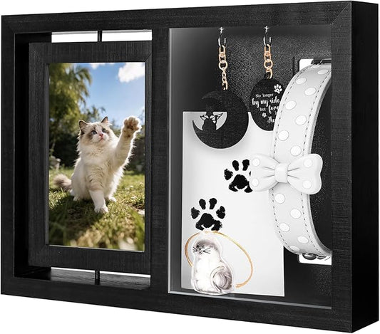 Dog & Cat 3-IN-1 Memorial Wooden Picture Frame Set, Lost Pet Sympathy Gifts with 360° Rotation Wooden Picture Frame for Two 4"x6" Photos, Pet Memory Gifts for Dog/Cat Passing