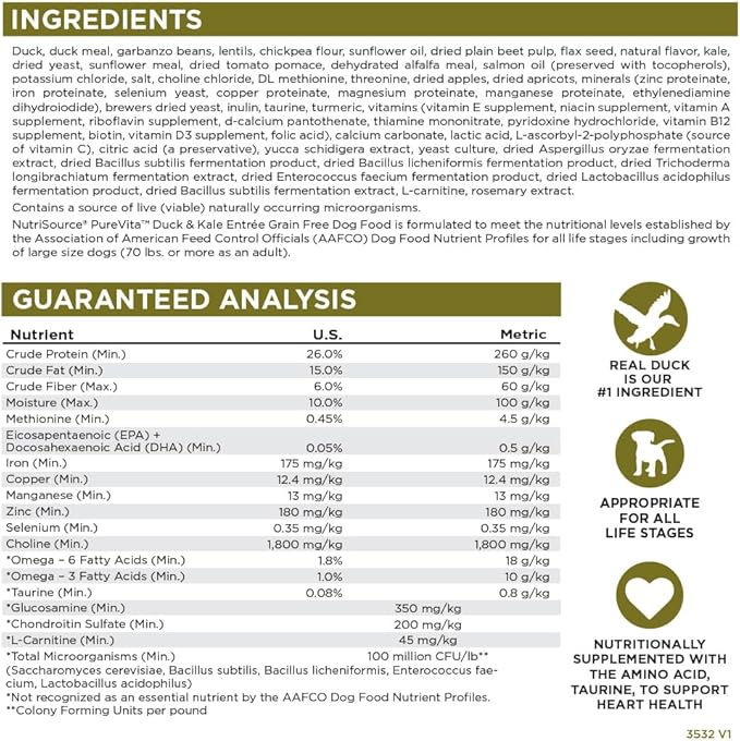NutriSource Pure Vita Grain Free Duck & Kale Dog Food, 25LB