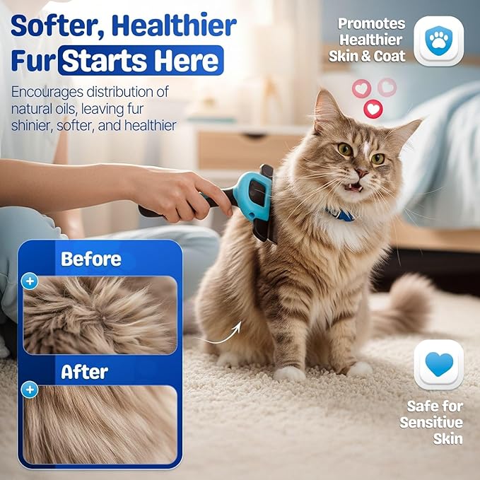 Flexzion Deshedding Dog Brush for Short Haired Dogs & Cats - Stainless Steel Dog Brush for Shedding Short Hair Pets Small, Medium, & Large - Professional Pet Grooming Comb Tool w/Safety Blade, Blue