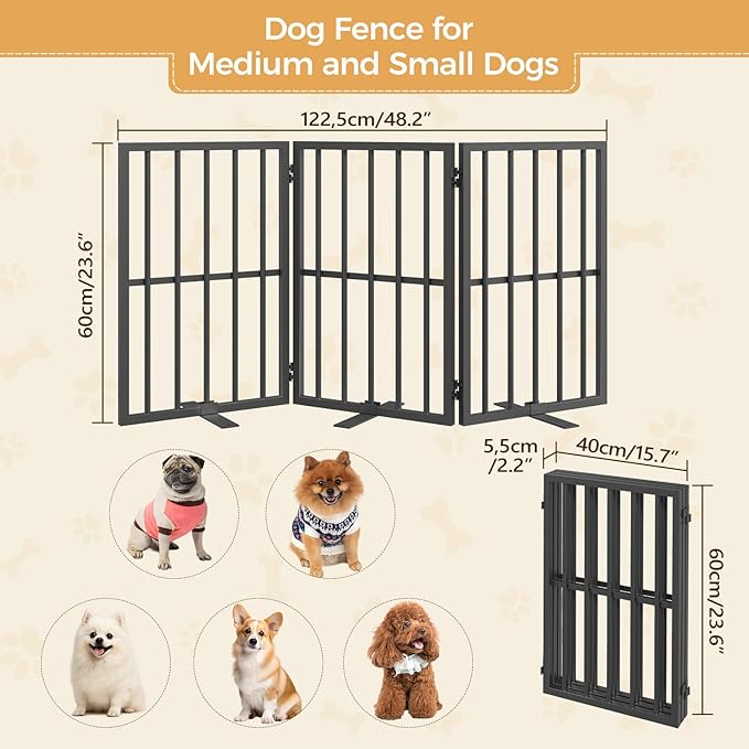 Dog Gate Indoor, Freestanding Foldable Pet Gate for The House, Doorway, Stairs, 48.2" W x 23.6" H Metal Step Over Fence with Support Feet, 3-Panel Pet Puppy Safety Fence, Black DGBK6001