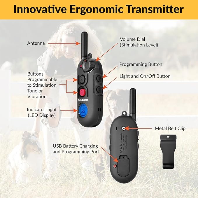 Educator Pro 1/2 Mile Dog Training Collar with Ergonomic Remote, Safe Humane Vibration Stimulation, Pavlovian Tone, Waterproof, Odorproof Biothane Collar, Night Light, Rechargeable, 3 Dog, Black