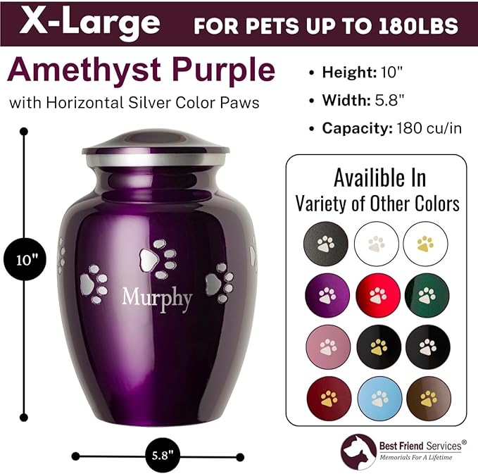 Ottillie Paws Premier Series Pet Urn for Dogs and Cats with Personalized Laser Engraving (Small - Pets up to 25 lbs, Amethyst Purple with Horizontal Pewter Paws)