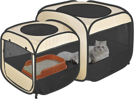 EighteenTek® 2-in-1 Portable Cat Playpen(End Doors), Pop up Kitten Playpen, Assembly-Free, Pet Tent Crates Kennel Cage Enclosure for Dog Puppy Indoor Outdoor(Beige)(No Divider, Unified Space)