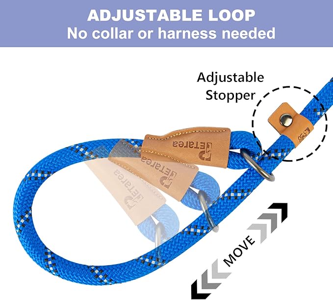 5 FT Slip Lead Dog Leash, Heavy Duty Rope Leash for Small Medium Large Dogs, No Pull Training Lead with Reflective Thread, Strong Comfortable Loop Leash (Blue Stripe, Large(1/2"))