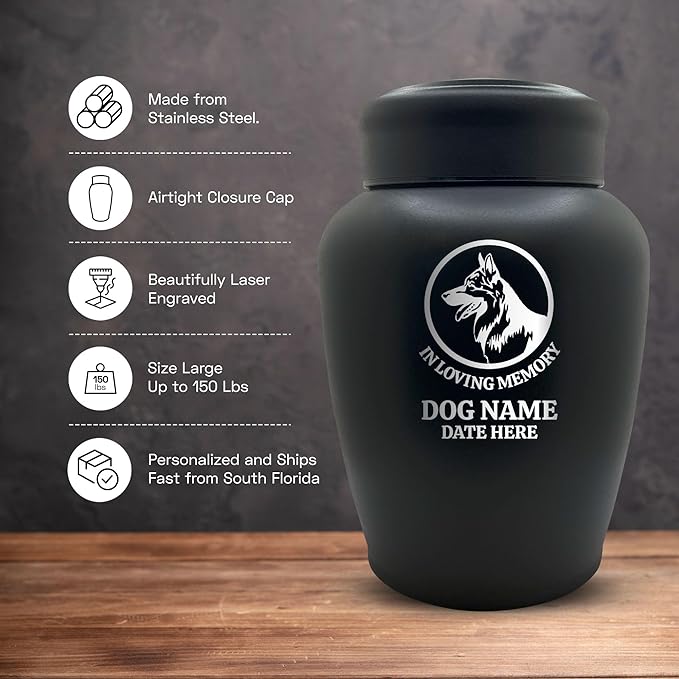 Custom Dog Urn Engraved Pet Name and Date - Personalized Stainless Steel Large Cremation urns for Dogs Ashes with Airtight Closure | up to 150 lbs Capacity | German Shepperd Silhouette
