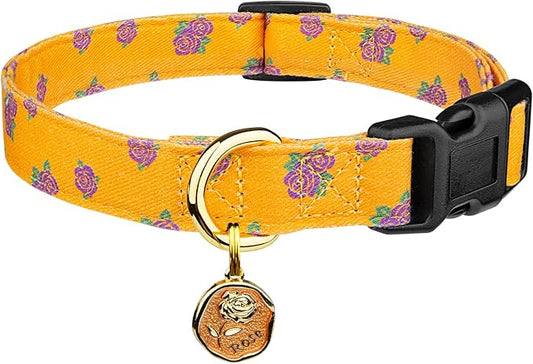 Cotton Handmade Dog Collar Cute and Distinctive Patterns Yellow Rose with Pendant for Girl Boy Dogs Collars S