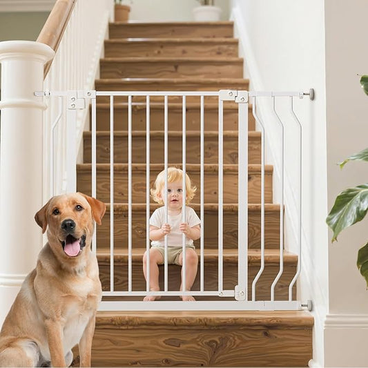 29-43" Baby Gate for Stairs, Baby Safety Essentials, Auto Close Gate for Doorways, Easy Install Pressure Mounted Dog Gate Indoor, Pet Gates for Dogs, White