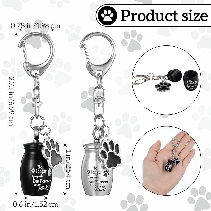 2 Pcs Pet Urns Keychain for Dogs Cats Small Urns for Ashes Keepsake Jewelry Paw Print Memorial Urn Dog Paw Charm Ashes Holder with 2 Storage Bags for Cats Cylinder Cremation Pet Cinder Black Silver