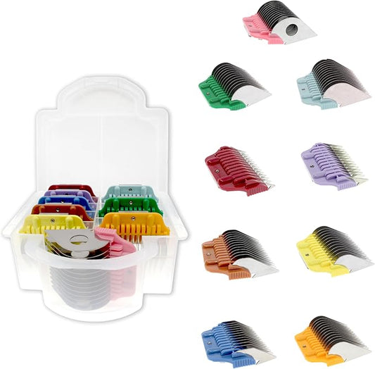 9 Wide Hair Clipper Guard Attachment Set Fits for A5 Type Blade with Colorful Coded System| Extra Long Stainless Steel Blade for Professional Stylists (Set of 9)