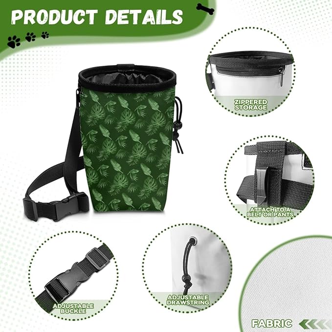 Green Leaves Pet Treat Pouch Multiwear Puppy Training Pouch Treat Pouches for Pet Training, Dog Trainer Essentials Supplies Reward Pouch with Waist Belt Shoulder Strap