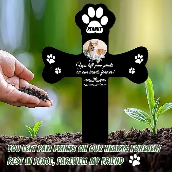 Custom Pet Grave Markers Dog Outdoor, Personalized Pet Cross Grave Marker with Name and Date, Weatherproof Dog Headstone for Graves Outdoor Garden Yard, Pet Tombstones Sympathy Gift for Pet Loss