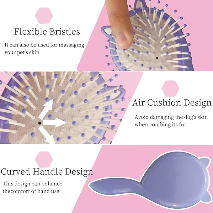 Adorable Cat Ear-Shaped Soft Bristle Air Cushion Dog Brush for Small Breeds - Ideal for Yorkie, Shih Tzu, Maltese, Pomeranian, Maltipoo - Gentle Grooming Tool, Puppy Essentials (Purple)