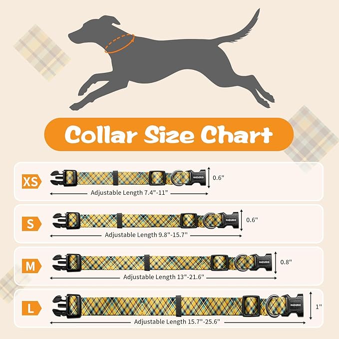Kazazoo Dog Collar Cute and Soft Nylon Puppy Collar for Boy and Girl, Adjustable Dog Collars for Small Medium Dogs, Yellow&Blue Plaid-M