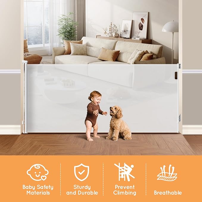 Retractable Baby Gate, 38" Extra Tall Mesh Dog Gate with Auto-Tension Design, 71" Wide One-Hand Operation Doorway Gates for Pets & Babies, No Bottom Rail Gate for Hallways, White