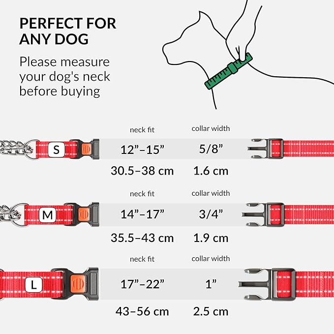 CollarDirect Martingale Dog Collar with Stainless Steel Chain and Quick Release Buckle - Reflective Collar for Large, Medium, Small Dogs - Red, Small (Neck Size 12"-15")