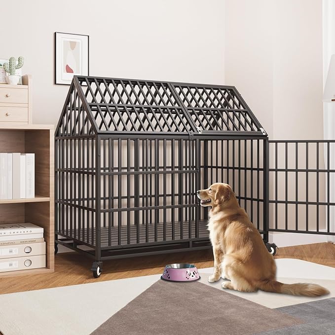 50 Inch Heavy Duty Indestructible Dog Crate with 2 Bowls, Escape-Proof Indoor Double Door High Anxiety Cage, Steel Chew-Proof Kennel with 4 Wheels and 2 Trays for Large Giant Dogs, XL/XXL