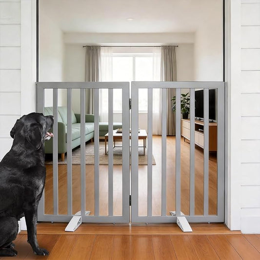 ZJSF Freestanding Indoor Dog Gate for House Foldable Wood Puppy Gate for Doorways Pet Gate for Stairs Extra Wide Pet Fence, Grey, 32" Height 2 Panels