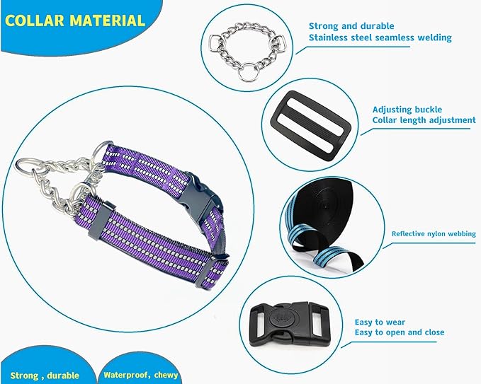 Martingale Collars for Dogs, Heavy Duty Stainless Steel Chain Training Collar, Reflective Nylon Adjustable Collar with Quick Release Buckle, Suitable for Puppy Medium Large Dogs((Purple,M)
