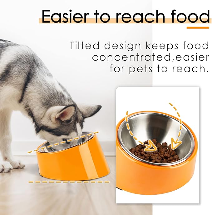 SuperDesign Mess Free 15° Slanted Bowl for Dogs and Cats, Tilted Angle Bulldog Bowl Dog Feeder, Non-Skid & Non-Spill, Easier to Reach Food S/0.5 Cup Bright Orange