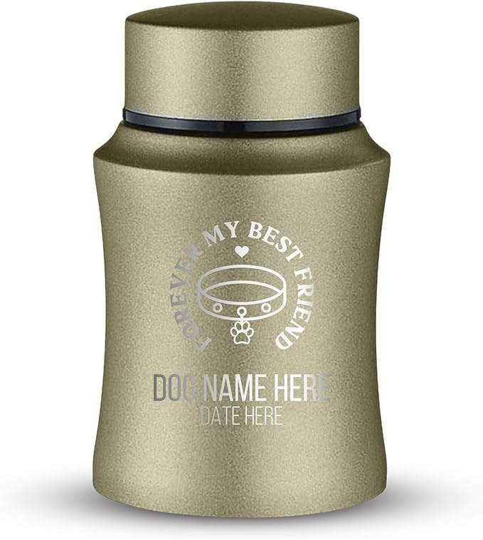 Customized Small Keepsake Urn Personalized Engraved with Pet Name, Date, and Text - 4" Powder Coated Cremation Mini Compact Urn for Dogs Ashes | 5–10 Lbs Capacity | Washed Gold, Forever My Best Friend